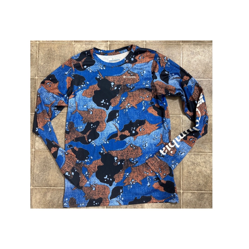 Columbia PFG Kids XL Blue Orange Fish Camo Long Sleeve Performance Shirt Sun Top